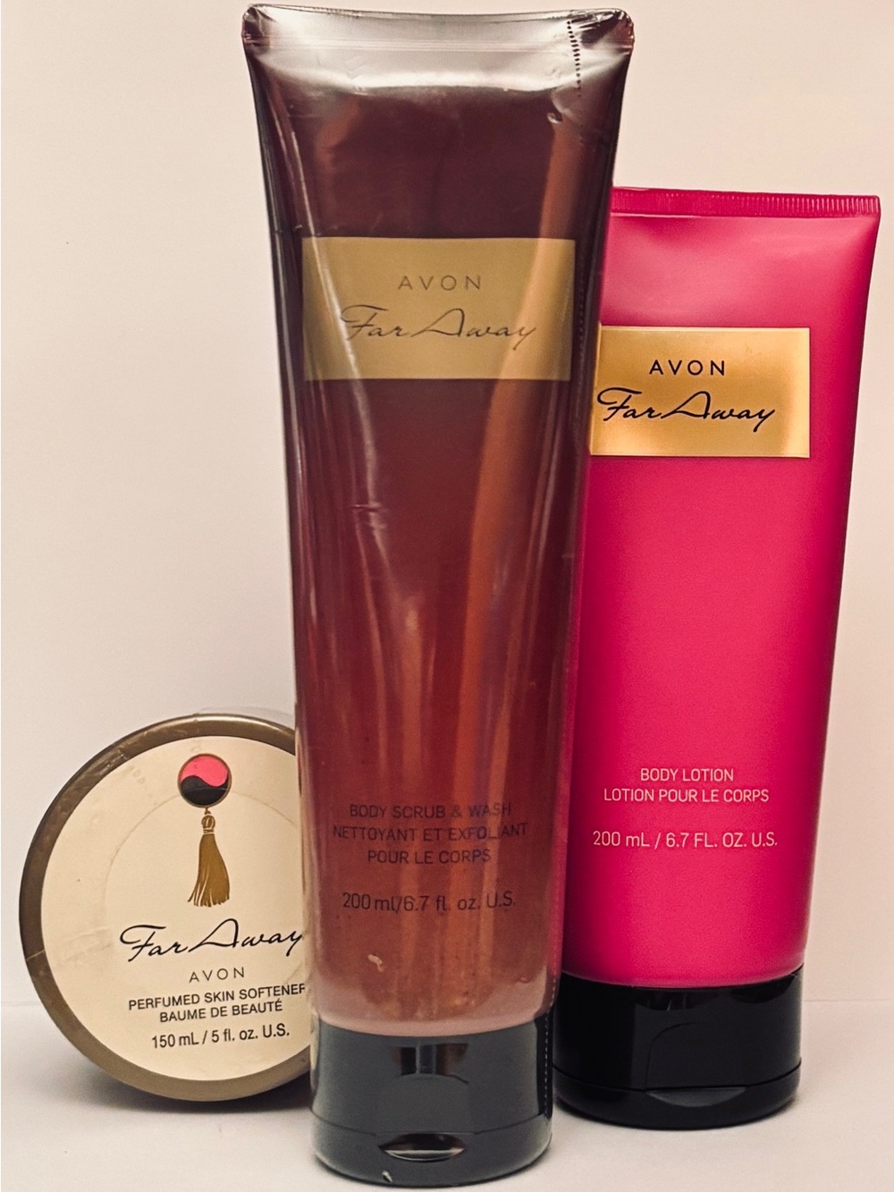 Avon Far Away body scrub & wash with body lotion + perfumed skin softener